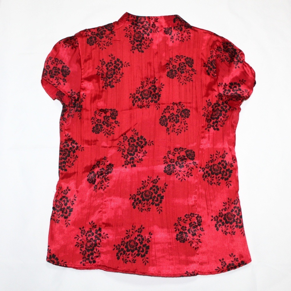 Y2K women's crinkled satin red black floral button down ruched short sleeve - Picture 2 of 10